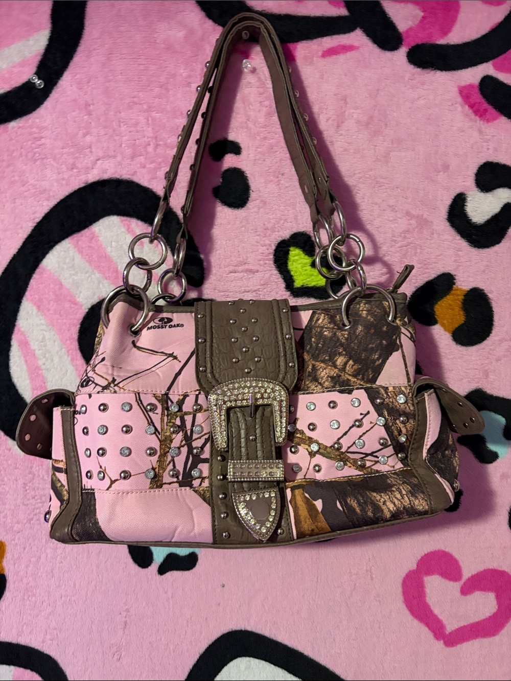 Mossy Oak Pink and Brown Camouflage Studded Shoulder Bag